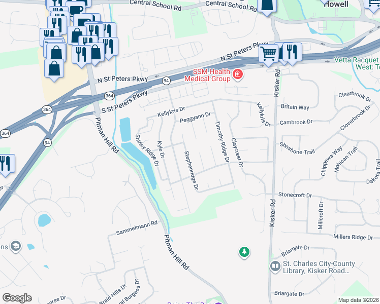 map of restaurants, bars, coffee shops, grocery stores, and more near 1284 Stephenridge Drive in St. Charles