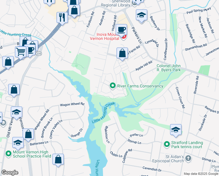 map of restaurants, bars, coffee shops, grocery stores, and more near 8203 Tis Well Drive in Alexandria
