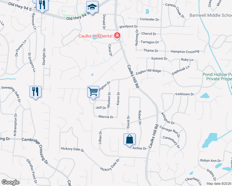 map of restaurants, bars, coffee shops, grocery stores, and more near 1201 Karon Drive in St. Charles