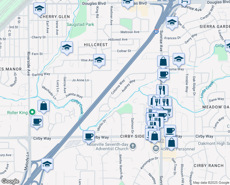 map of restaurants, bars, coffee shops, grocery stores, and more near 1006 Coloma Way in Roseville