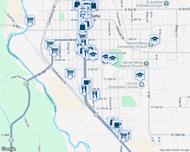 map of restaurants, bars, coffee shops, grocery stores, and more near 946 Meeker Street in Delta