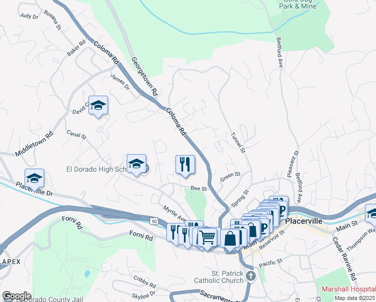 map of restaurants, bars, coffee shops, grocery stores, and more near 2780 Coloma Street in Placerville