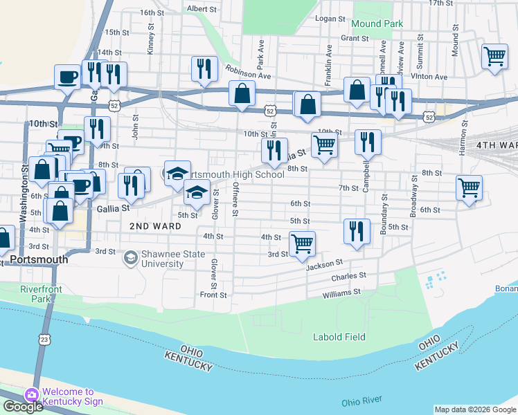 map of restaurants, bars, coffee shops, grocery stores, and more near 1528 6th Street in Portsmouth