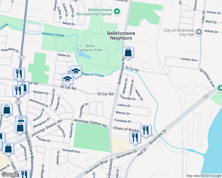 map of restaurants, bars, coffee shops, grocery stores, and more near 1020 Villa Saint Cyr Place in St. Louis