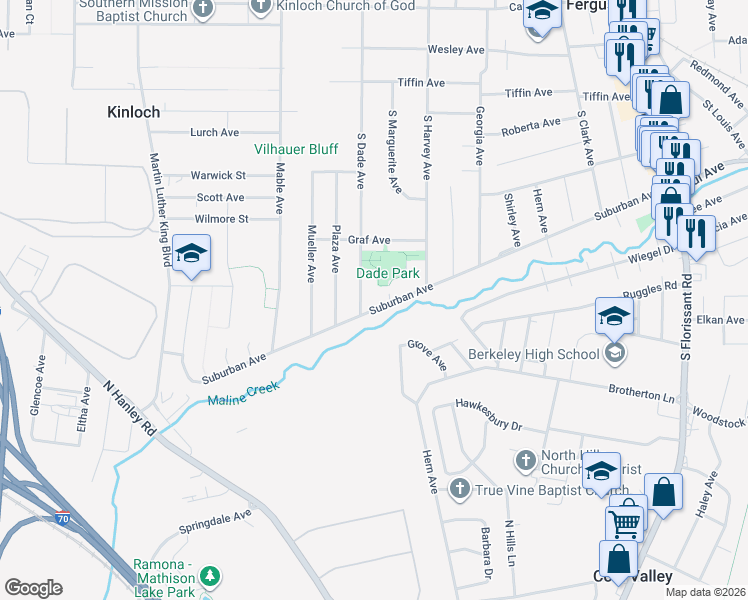 map of restaurants, bars, coffee shops, grocery stores, and more near 717 Suburban Avenue in Ferguson