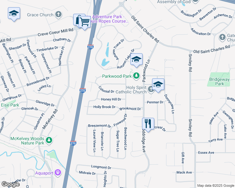 map of restaurants, bars, coffee shops, grocery stores, and more near 12020 Colonial Dr in Maryland Heights