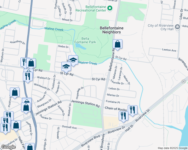 map of restaurants, bars, coffee shops, grocery stores, and more near 1098 Villa Saint Cyr Place in St. Louis