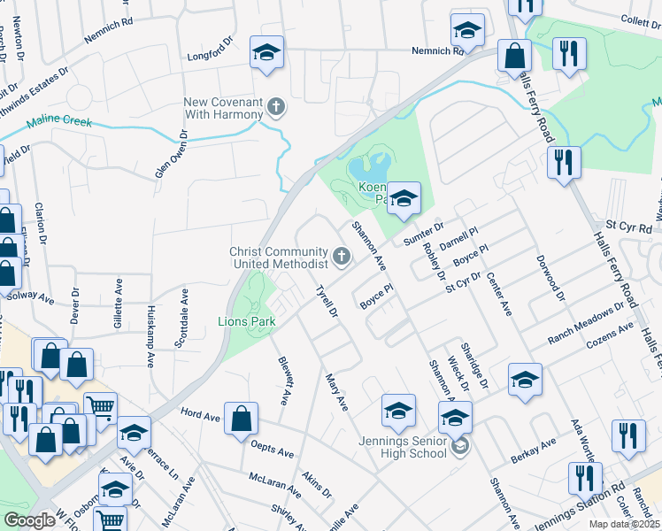 map of restaurants, bars, coffee shops, grocery stores, and more near 8841 Lucas and Hunt Road in Jennings