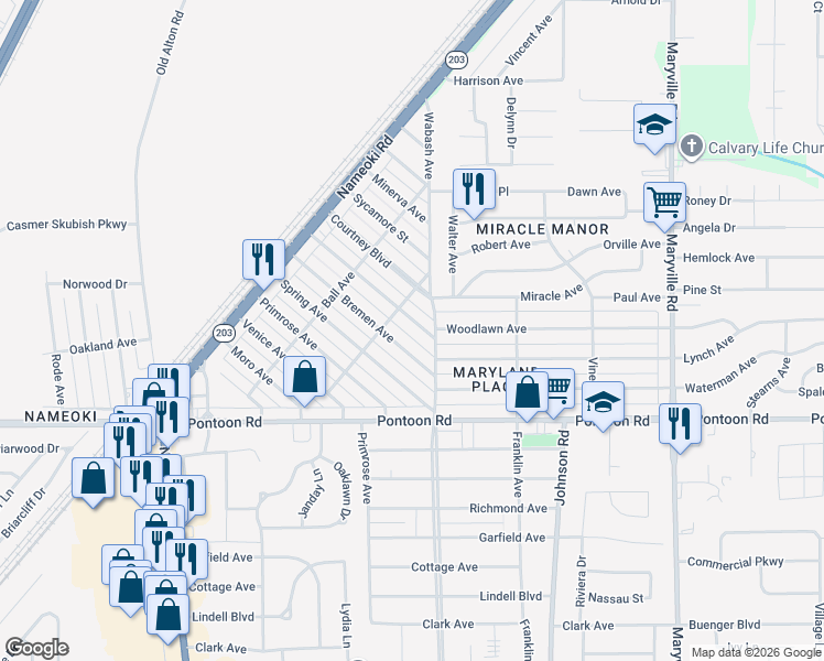 map of restaurants, bars, coffee shops, grocery stores, and more near 1816 Ferguson Avenue in Granite City