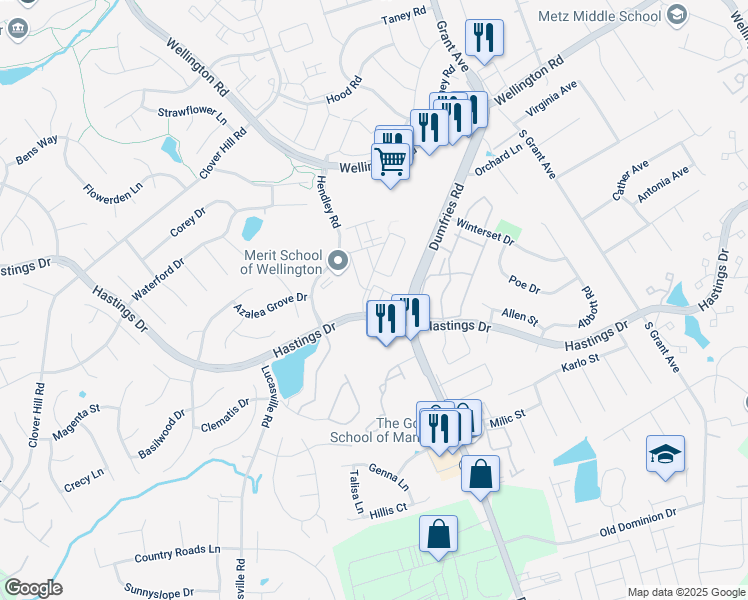 map of restaurants, bars, coffee shops, grocery stores, and more near 10275 Fountain Circle in Manassas