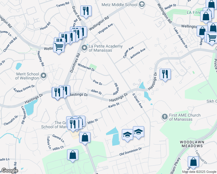 map of restaurants, bars, coffee shops, grocery stores, and more near 10328 Poe Drive in Manassas