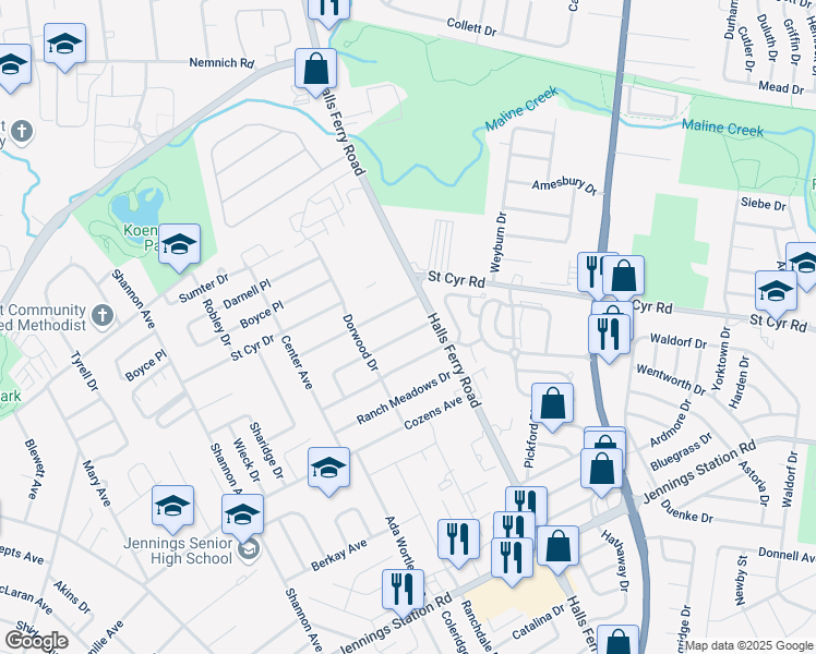 map of restaurants, bars, coffee shops, grocery stores, and more near 9237 Shadydale Drive in Jennings