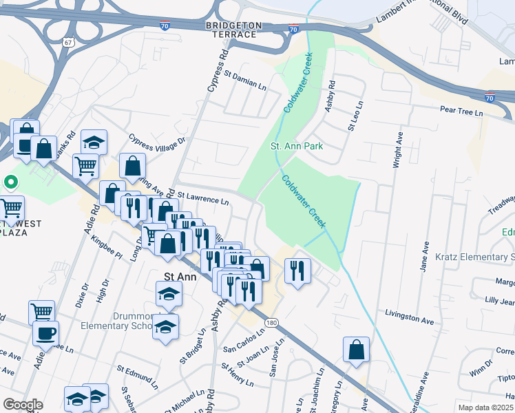 map of restaurants, bars, coffee shops, grocery stores, and more near 4052 Ashby Road in Saint Ann