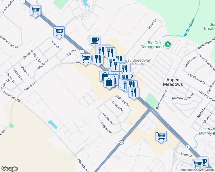 map of restaurants, bars, coffee shops, grocery stores, and more near 34986 Midway Outlet Drive in Rehoboth Beach