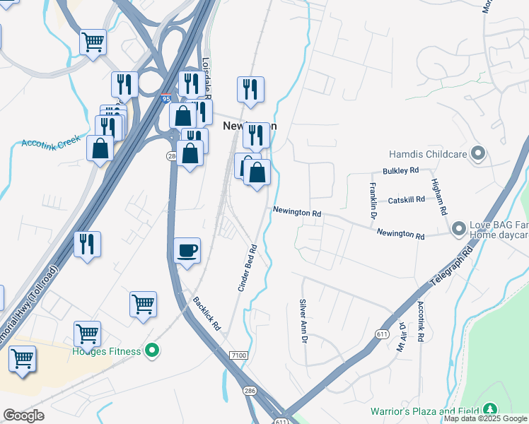 map of restaurants, bars, coffee shops, grocery stores, and more near Cinder Bed Road in Lorton