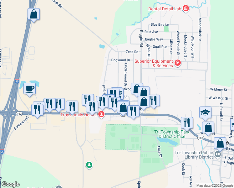 map of restaurants, bars, coffee shops, grocery stores, and more near 525 Buckeye Drive in Troy