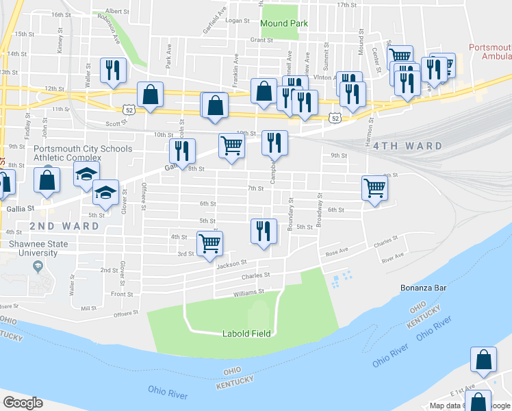 map of restaurants, bars, coffee shops, grocery stores, and more near 6th Street in Portsmouth