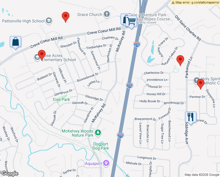 map of restaurants, bars, coffee shops, grocery stores, and more near 2845 McKelvey Road in Maryland Heights