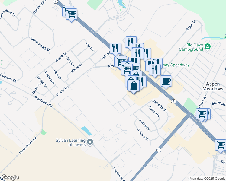 map of restaurants, bars, coffee shops, grocery stores, and more near 18846 Bethpage Drive in Rehoboth Beach