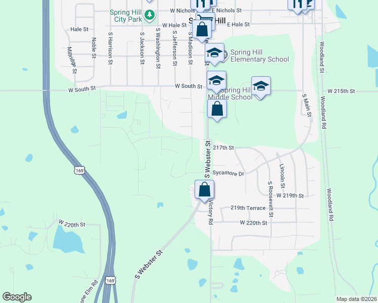 map of restaurants, bars, coffee shops, grocery stores, and more near South Madison Street in Spring Hill