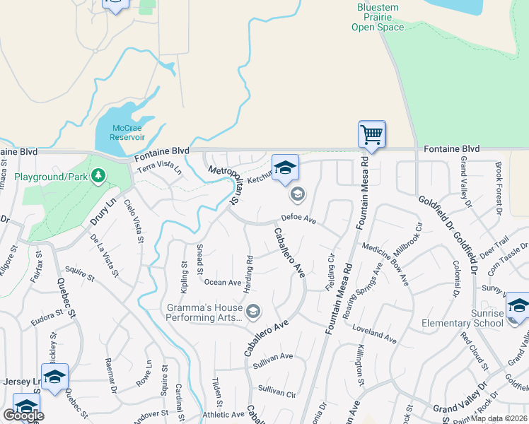 map of restaurants, bars, coffee shops, grocery stores, and more near 6645 Defoe Place in Colorado Springs