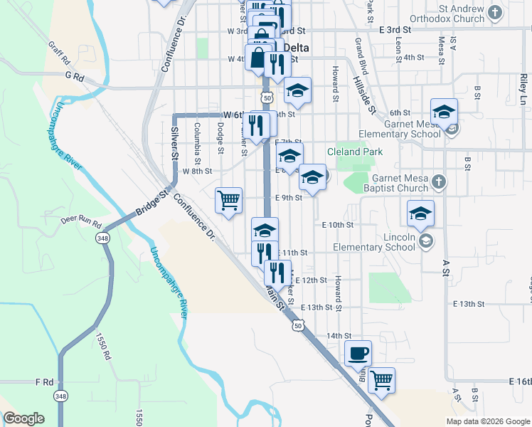 map of restaurants, bars, coffee shops, grocery stores, and more near 900-952 Main St in Delta