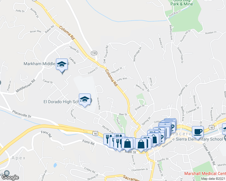 map of restaurants, bars, coffee shops, grocery stores, and more near 2780 Coloma Street in Placerville