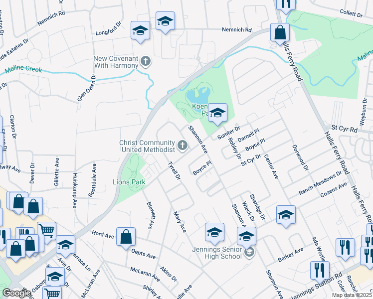 map of restaurants, bars, coffee shops, grocery stores, and more near 8841 Lucas and Hunt Road in Jennings