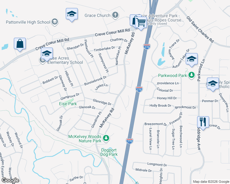 map of restaurants, bars, coffee shops, grocery stores, and more near 2845 McKelvey Road in Maryland Heights