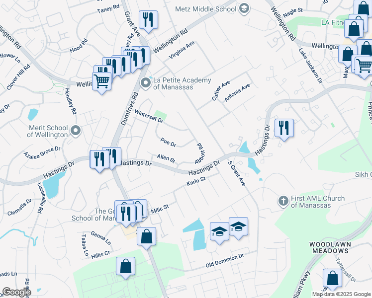 map of restaurants, bars, coffee shops, grocery stores, and more near 10328 Poe Drive in Manassas