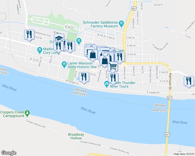 map of restaurants, bars, coffee shops, grocery stores, and more near 123 Central Avenue in Madison