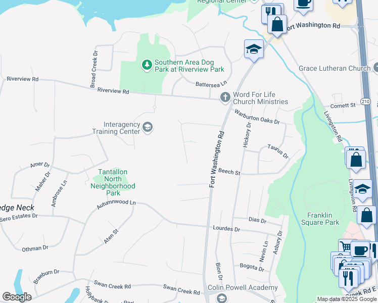 map of restaurants, bars, coffee shops, grocery stores, and more near 11802 Kimberly Woods Lane in Fort Washington