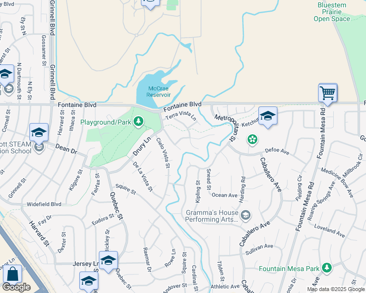 map of restaurants, bars, coffee shops, grocery stores, and more near 131 Estrella Vista Street in Colorado Springs