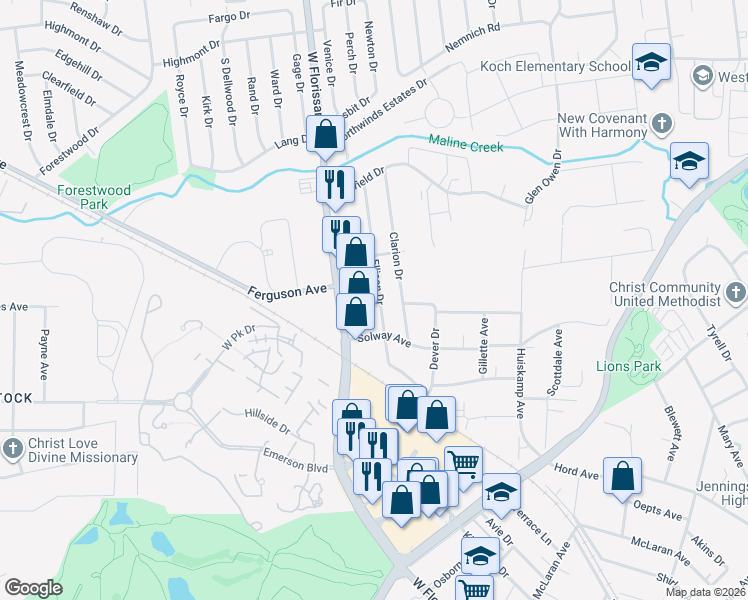 map of restaurants, bars, coffee shops, grocery stores, and more near 9037 Ellison Drive in Jennings