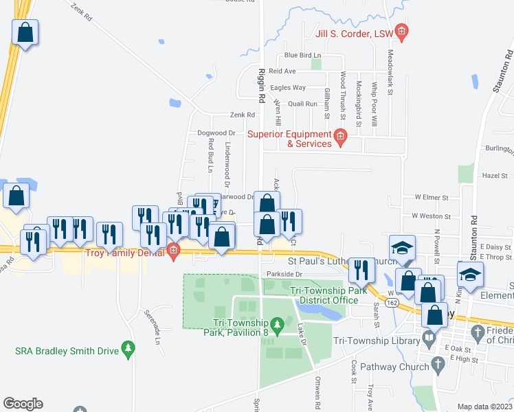 map of restaurants, bars, coffee shops, grocery stores, and more near 9 Riggin Road in Troy