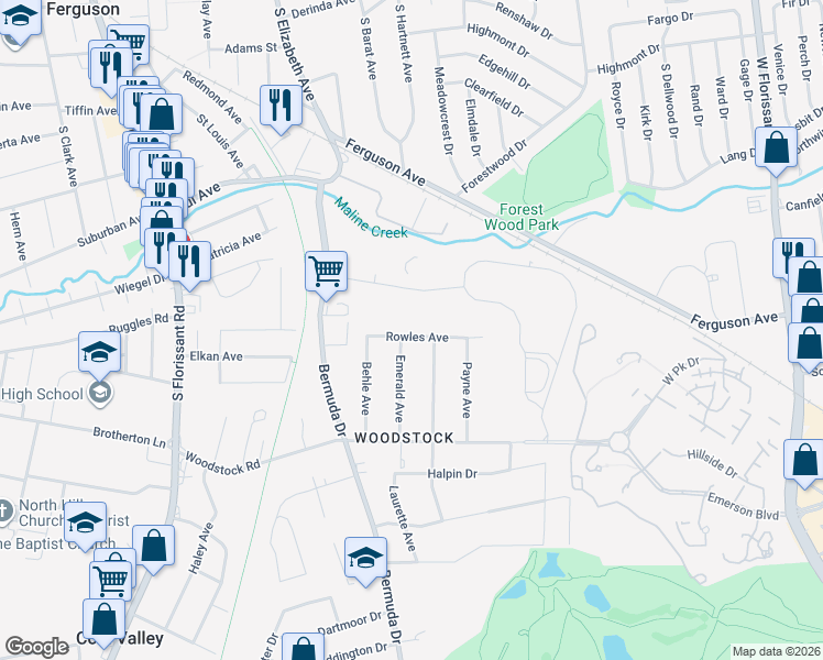 map of restaurants, bars, coffee shops, grocery stores, and more near 7515 Rowles Avenue in Ferguson