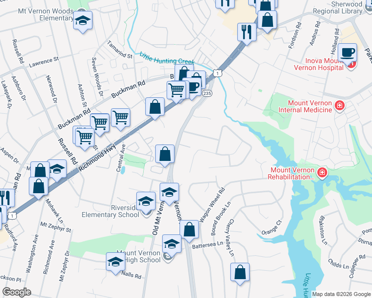 map of restaurants, bars, coffee shops, grocery stores, and more near 8217 Mount Vernon Highway in Alexandria