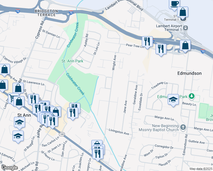 map of restaurants, bars, coffee shops, grocery stores, and more near 4026 Galahad Drive in Saint Ann