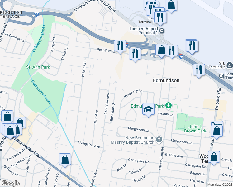 map of restaurants, bars, coffee shops, grocery stores, and more near 4096 Esseldale Drive in Saint Ann