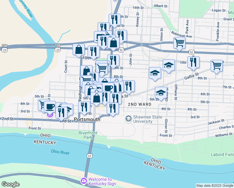 map of restaurants, bars, coffee shops, grocery stores, and more near 923 Gallia Street in Portsmouth