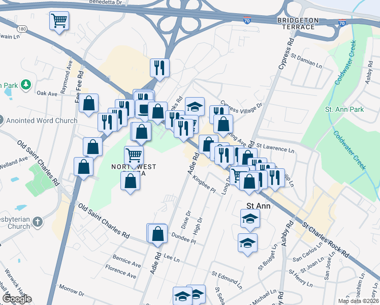 map of restaurants, bars, coffee shops, grocery stores, and more near 11000 Saint Charles Rock Road in Saint Ann