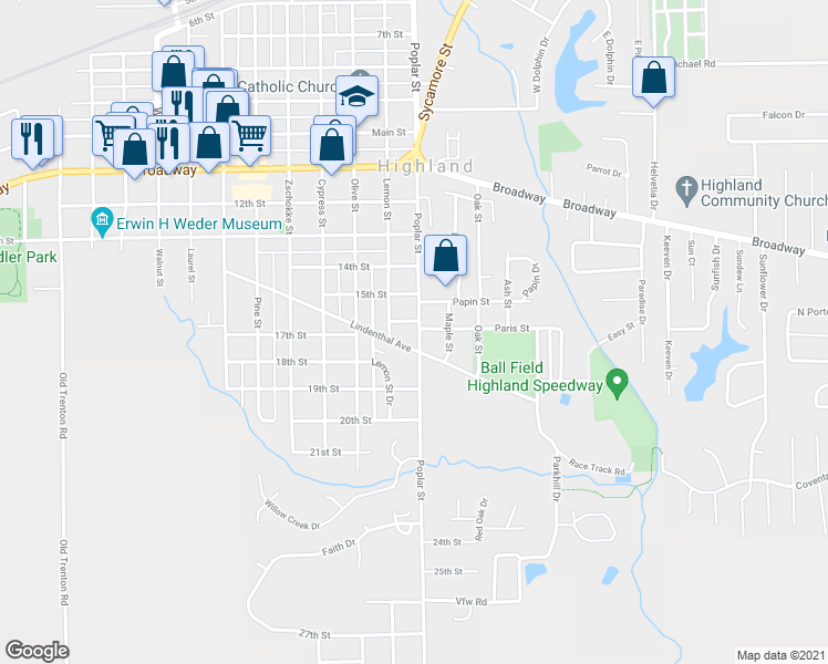 map of restaurants, bars, coffee shops, grocery stores, and more near 1608 Poplar Street in Highland