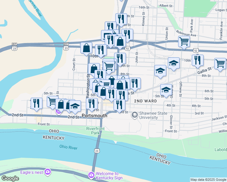 map of restaurants, bars, coffee shops, grocery stores, and more near 839 Gallia Street in Portsmouth