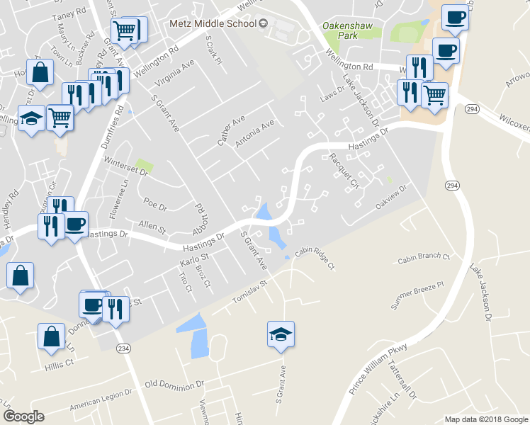 map of restaurants, bars, coffee shops, grocery stores, and more near 8851 Hastings Drive in Manassas
