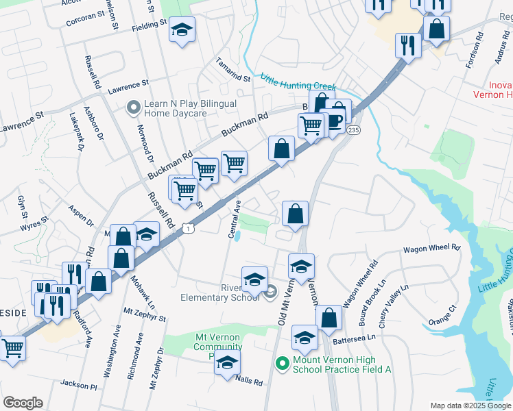 map of restaurants, bars, coffee shops, grocery stores, and more near 8329 Hunter Murphy Circle in Alexandria
