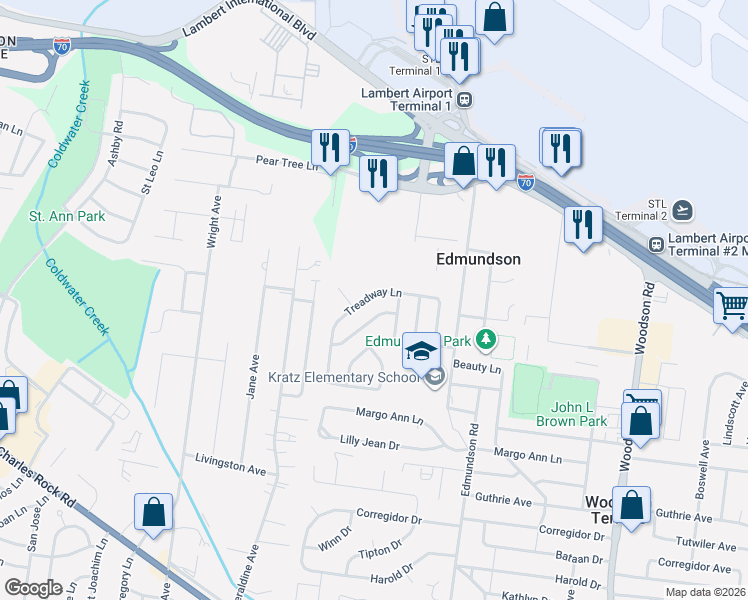 map of restaurants, bars, coffee shops, grocery stores, and more near 9829 Treadway Lane in St. Louis