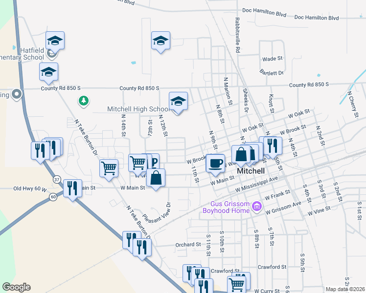 map of restaurants, bars, coffee shops, grocery stores, and more near 1101 West Oak Street in Mitchell