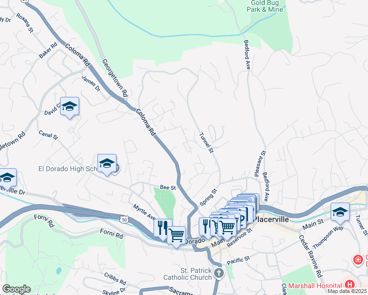 map of restaurants, bars, coffee shops, grocery stores, and more near 2806 Manor Drive in Placerville