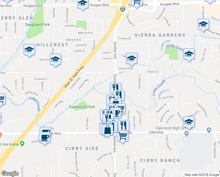 map of restaurants, bars, coffee shops, grocery stores, and more near 718 Sunrise Avenue in Roseville