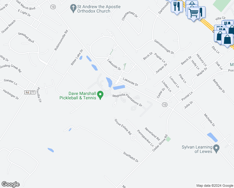 map of restaurants, bars, coffee shops, grocery stores, and more near 18488 Belle Grove Road in Lewes